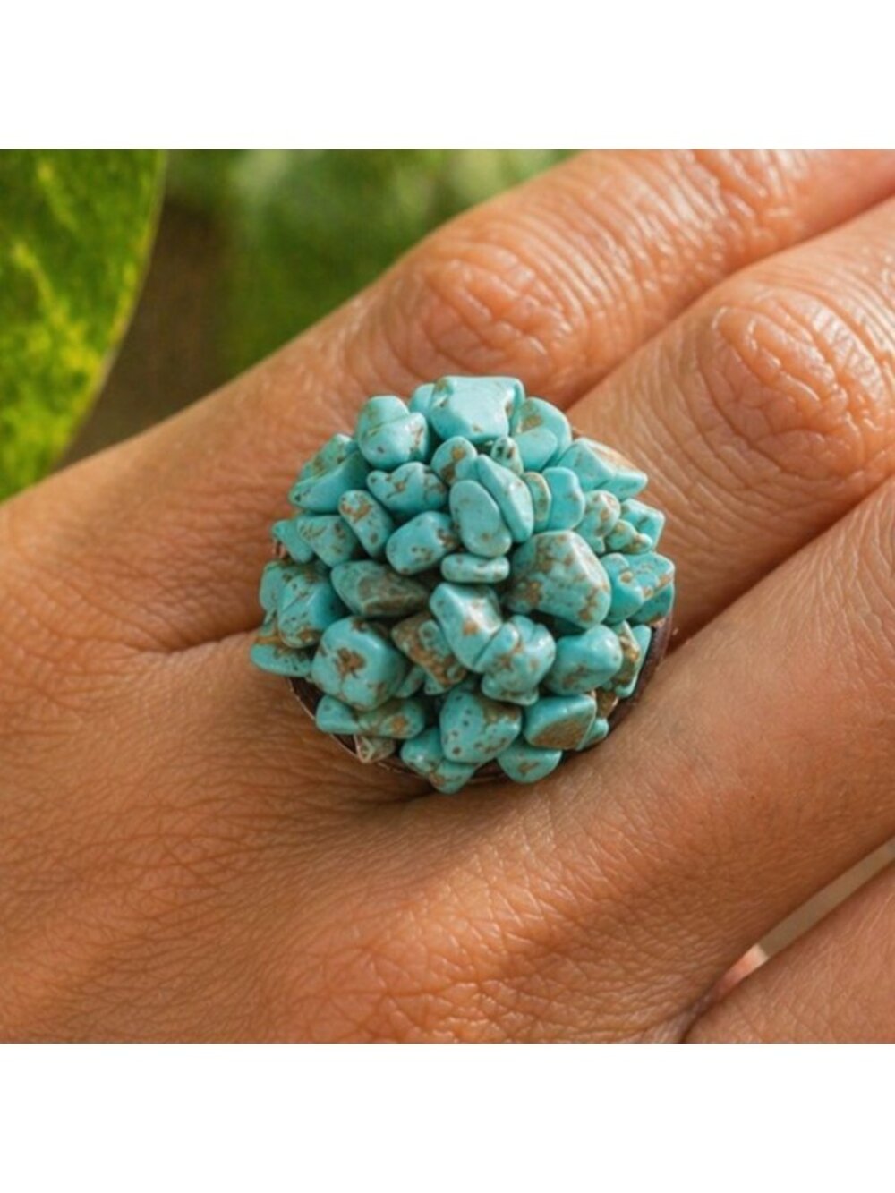 Chunky Turquoise Cluster Ring With Adjustable Woven Band Boho Statement Jewelry